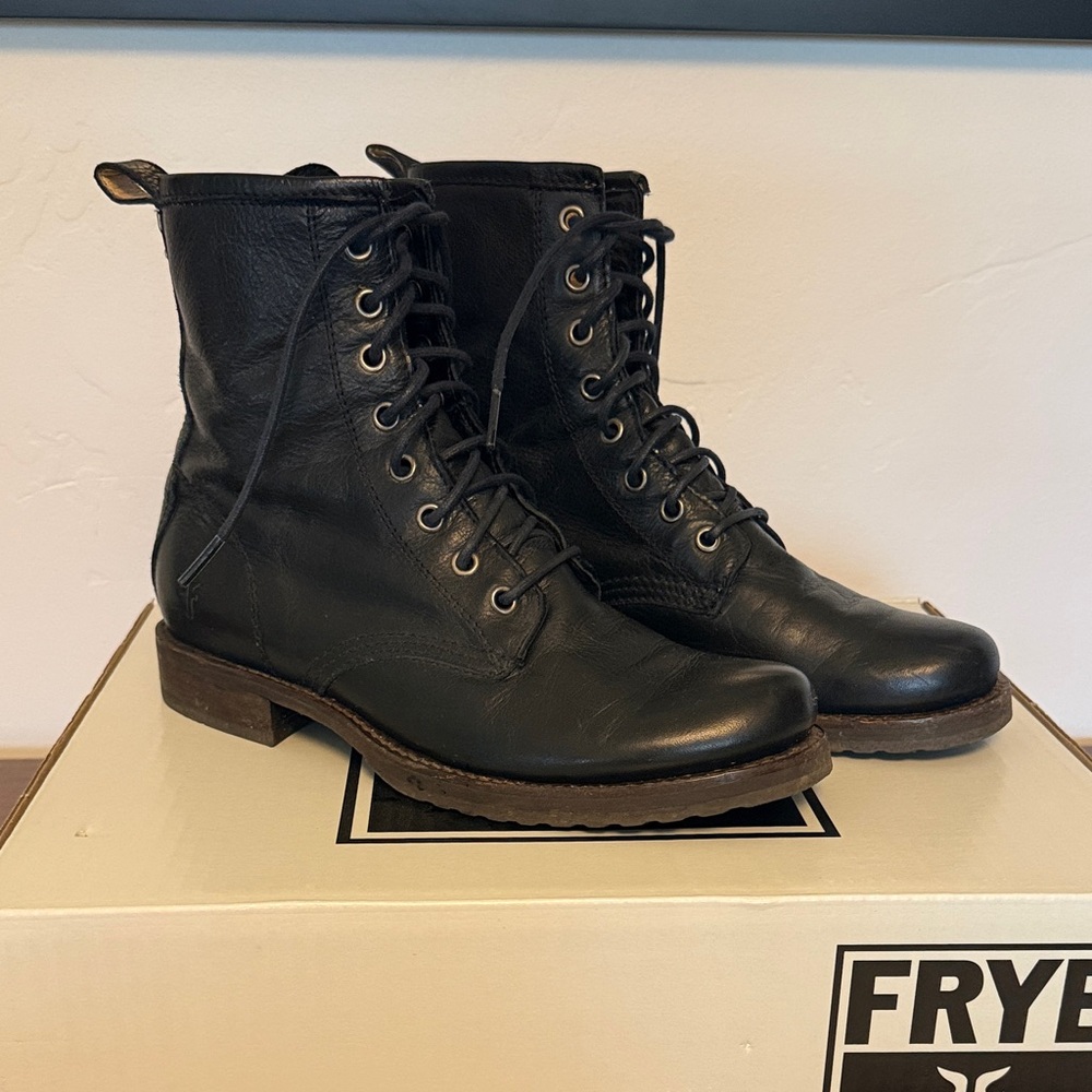 Frye Black Leather Lace-Up Combat Style Boots